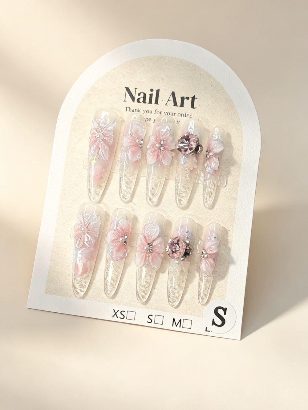 3D Pink Floral Crystal Long Oval Handmade Press On Nail With Diamonds